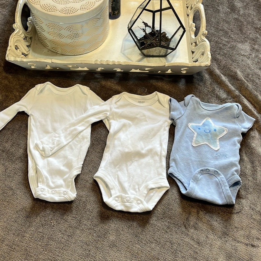 3 Baby Onesies: 2 Newborn Long Sleeved White, 1 Preemie Short Sleeve